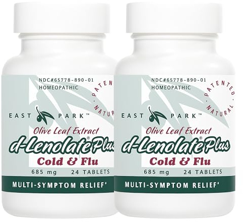 EAST PARK d-Lenolate Plus Cold & Flu Homeopathic Remedy for Adults & Kids | Immune System Booster with Olive Leaf Extract, Neem Leaf Extract & Echinacea | 625mg, 24 Tablets | Non-GMO (Pack of 2)