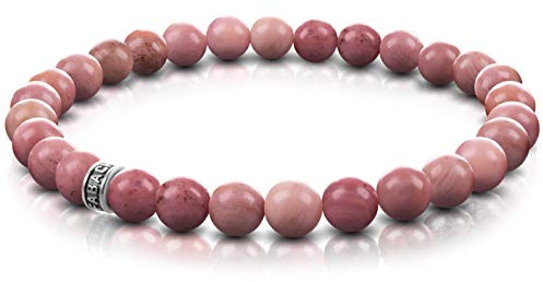 FABACH Rhodochrosit Perlenarmband mit 6mm Edelstein-Perlen und 925 Sterling Silber Logo-Perle - Edles Naturstein Stretch-Armband für Damen (Rosa-Rot)