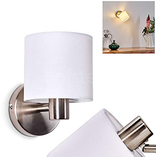 Lampada da parete Alsen, lampada da parete in metallo/tessuto in nichel opaco/bianco, 1 luce, 1 x E14, spot da parete regolabile con paralume in tessuto dal design retrò/vintage, senza lampadina/e