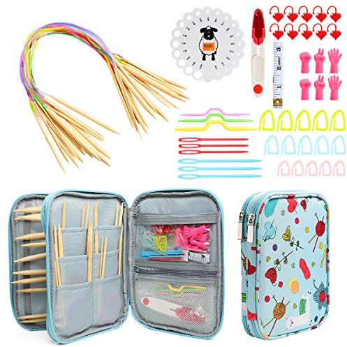 JOZEA 62 Pcs Crochet Yarn Hooks Set with Organizing Case, Including Flexible Cable Bamboo Knitting Needles and Accessories (Blue)