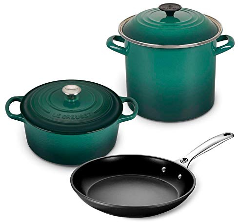 Le Creuset Batterie de cuisine 5 pièces pour four et cuisinière avec cocotte ronde de 10,4 l, marmite couverte Le Creuset de 8 l et poêle à frire professionnelle antiadhésive renforcée Le Creuset de