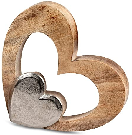 formano Deko Herz aus Alu Mango Holz zum Stellen 18 cm Tischdeko Dekoration dekorativer Herz Aufsteller Moderne Tischdeko für Wohnzimmer, Regal & Fensterbank, stilvolle Geschenkidee