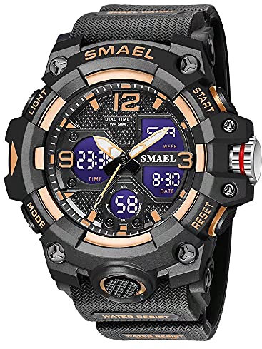 SMAEL Men's Watches Military Outdoor Waterproof Sports Wrist Watch Date Multi Function LED Alarm Stopwatch, Digital Watches for Mens, Rose Gold, Large Face, Digital