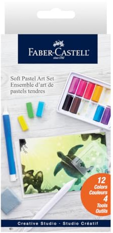 Faber-Castell Soft Pastels Art Set - Kunstprojekte für Erwachsene, Kunst und Handwerk für Anfänger, 12 weiche Pastellkreiden und Kunstbedarf