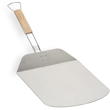 Relaxdays Pala Pizzera XXL, Paleta Pizza, Pan o Empanada, Acero INOX. con Mango Madera Plegable, 29x29 cm, Plata/Natural, Inoxidable