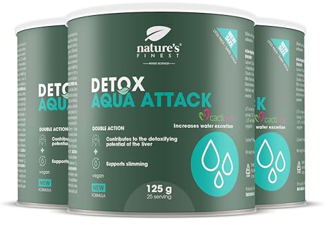 Nature's Finest Detox Aqua Attack Drink, Trinkpulver 375 g (3er Pack) | Mit Cactinea Feigenkaktus, Chlorella, Mariendistel & Artischocke - Zitronengeschmack, vegan, mit Stevia