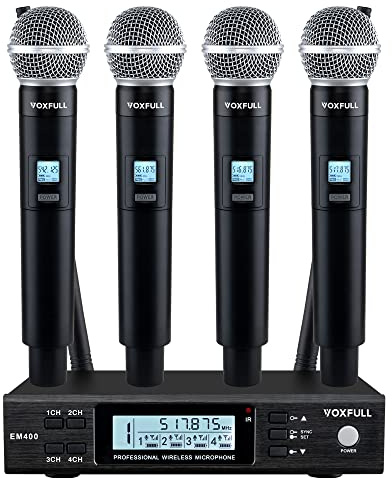VOXFULL Micrófono inalámbrico UHF de 4 canales, micrófonos de mano inalámbricos profesionales para cantar, karaoke, iglesia, frecuencia ajustable de 4 x 100 (328 pies)