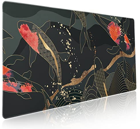 Black Red Japanese Gaming Mouse Pad XXL Koi Fish Art Gold Texture Anime Extended Big Large Desk Mat Non-Slip Rubber Base Stitched Edge Long Keyboard Mousepad for PC Computer Laptop,35.4×15.7 Inches