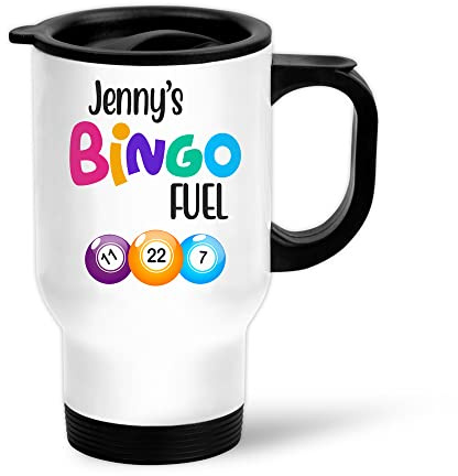 EnvyFone Personalised Travel Mug - Bingo Fuel - Stainless Steel 14oz - White - Tea Coffee Cup - Thermal-Lined - Home Office Work Game Gift Present