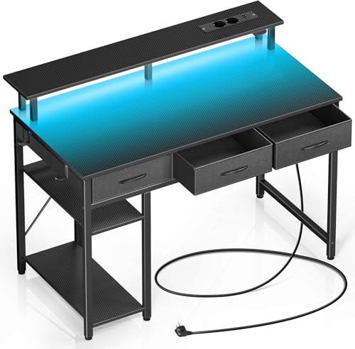 Rolanstar Escritorio Gaming con Cajones, Mesa Escritorio Led con Tomas de Corriente y Puertos USB, Escritorio para Ordenador con Soporte para Monitor, Estantes Ajustables para el Hogar(Negro, 120cm)