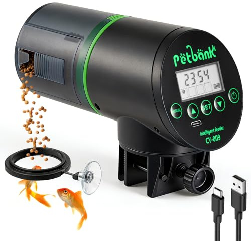 Petbank USB Charger Alimentador Automático Acuarios con Temporizador Recargable, Dispensador Comedero Acuario con Pantalla LCD, Dispensador Comida Peces Automatico, Negro