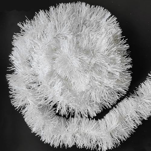 10 m / 32.8 ft Christmas Tinsel Garland, Long Xmas Garland Decorations Metallic Tinsel Strands Christmas Tree Boa Hanging Decoration for Christmas Home Decorations Wreath Wedding Party (Snow white)
