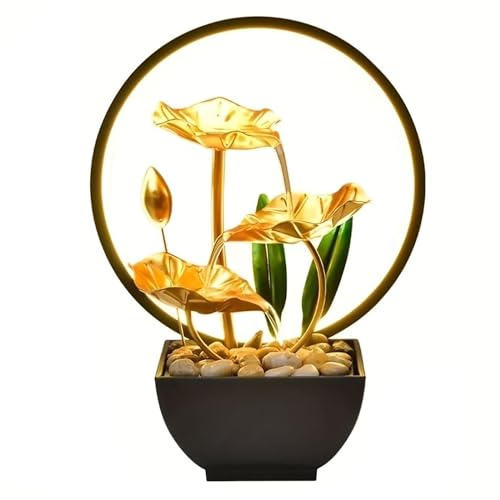 Huazzzyi Tabletop Fountain with Led Light, 11IN Gold Lotus Indoor Waterfall Fountain USB Powered Zen Table Water Fountains with 1 Replacement Water Pump