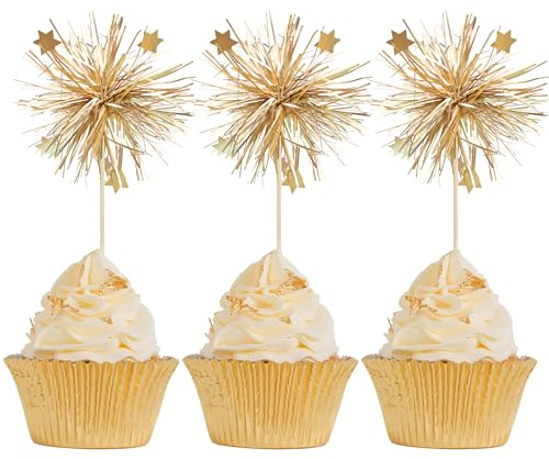 Gyufise 30Pcs Foil Firework Cupcake Toppers Happy Birthday Cake Toppers Sparkle Tinsel Flower Drink Stirrers Cocktail Food Fruit Toothpicks for Valentine's Day Party Supplies Gold