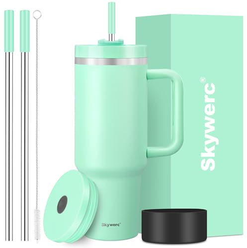 Skywerc Vaso de 40 onzas con asa y popote, tapa 2 en 1, botella de agua de doble pared de acero inoxidable con aislamiento al vacío, regalo de vacaciones para mujeres y hombres, verde menta