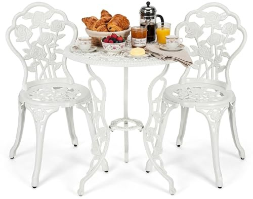 GOPLUS 3 Pcs Salon de Jardin 2 Personnes en Fonte Aluminium, 2 Chaises et 1 Table Ronde, Ensemble Salon de Jardin en Métal pour Terasse, Blanc
