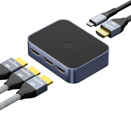 HDMI 2.1 8K 60Hz Switch 4K 144Hz Switch 3 Eingänge 1 Ausgang, 48Gbps HDMI Switch UHD HDR 3D Kompatibel mit PS5/Switch/Xbox/HDTV/Monitor