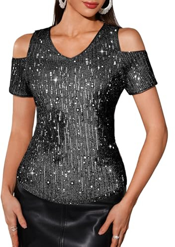 DRESSTELLS Pailletten Oberteil Damen Schwarz Glitzer Bluse Damenbluse Elegant Festliche Karneval Party Disco Outfit Schwarz M