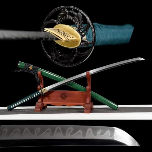 KWXPW 103cm Handgefertigtes Katana mit Eisen Tsuba,T10-Stahl Klinge mit handgebranntem Nadelholzmuster,Naturholz Saya mit Hornverzierung,Samurai-Schwert zum Sammeln,Dekor,Geschenke,Cosplay,Ausstellen