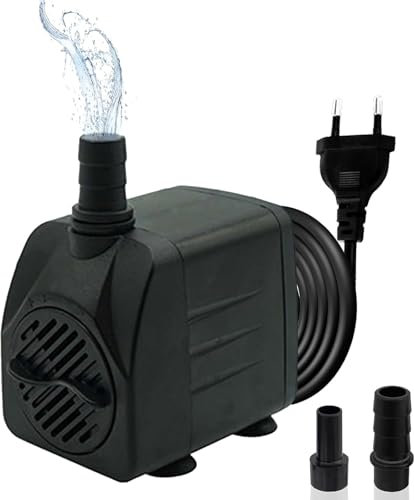 Mini pompa dell'acqua (800 l/h, 16 W), pompa per acquario ultra silenziosa con hub alto, pompa per fontana con cavo di alimentazione da 1,5 m, 2 ugelli per acquari, laghetti, fontane, statue