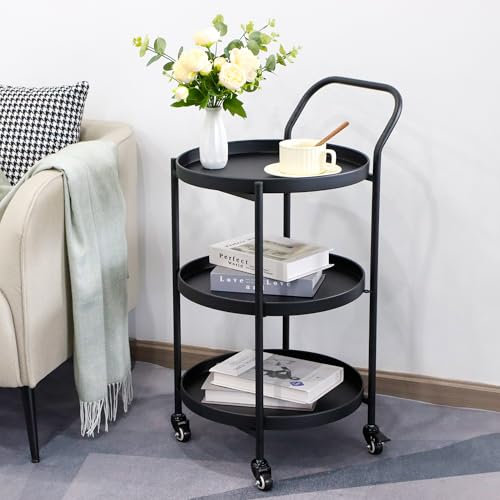TRIROCKS 78 cm H 3 Ebenen Rollwagen Barwagen Stabile Aufbewahrung Küchenwagen Metall Servierwagen mit Rädern Feststellbaren Rollen für den Einsatz in der Küche zu Hause Unterhaltungszwecke(Schwarz)