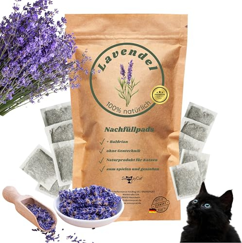 SNOOZYCAT® 10 almohadillas de recambio prémium – Lavanda y valeriana – Almohadillas aromáticas para rellenar cojines y juguetes para gatos – Fabricado en Alemania