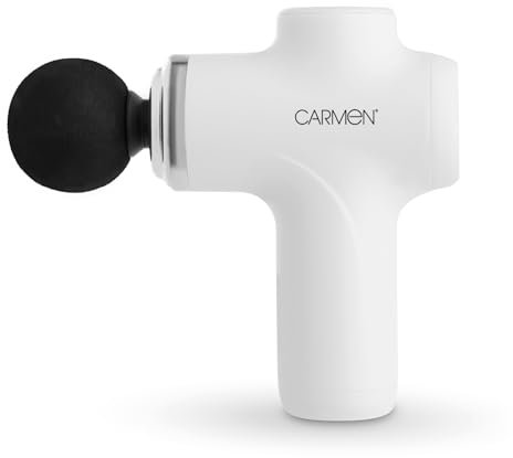 Carmen Massage C82020 Cordless Mini-Massage Gun with 6 Speed Settings, 4 Massage Heads, LED Indicator Lights, Compact and Portable, White