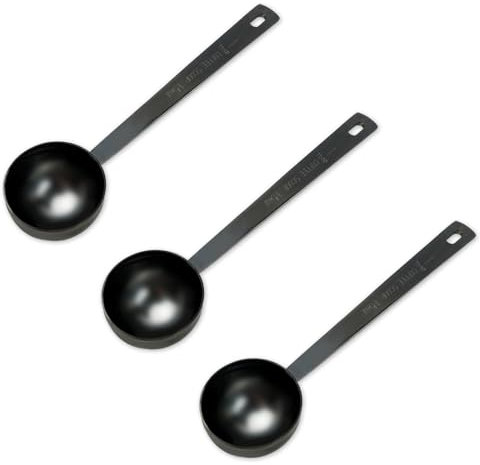 3 cucharas medidoras de café, cucharas de café de acero inoxidable, cucharadas de mango largo para medir café, leche en polvo, fruta en polvo, té, azúcar, cereales, harina y proteínas (negro)