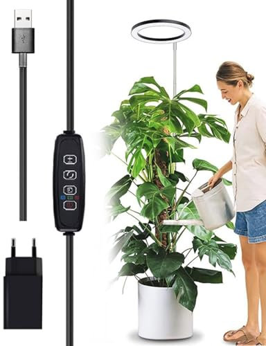 Rumicet Lampada a LED regolabile in altezza, per piante da interno, 155 cm, 70 LED, 3 modalità di luce, 10 livelli di luminosità, timer 3/9/12 ore, adattatore USB, nero