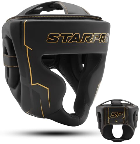 Starpro Professional Huvudskydd för boxning – premium sparringutrustning med heltäckande ansiktskydd, lätt design och optimal passform för förbättrad säkerhet (mattsvart, L)