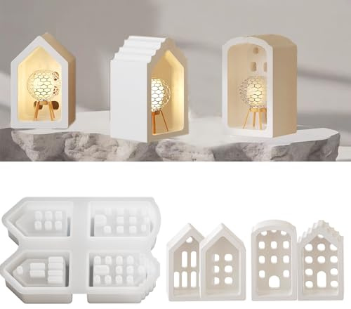 HNLMZ Silikonform Häuser,4 Stück Silikonform Mini Häuser,Silikonform Häuser mit Fenster,Giessformen Silikon für DIY Haus Kerzenhalter zum Basteln