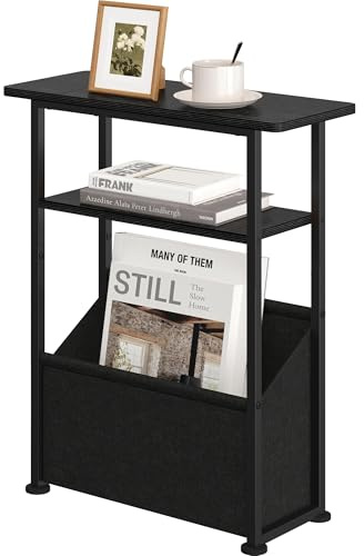 Yusong Narrow Side Table for Small Spaces, Skinny End Table with Storage Basket, 3 Tier Slim Sofa Couch Bedside Table, Thin Nightstand for Bedroom, Living Room, Black