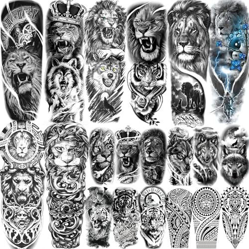 20 Blätter Löwe temporäre Tattoos Herren Damen Klebetattoos Erwachsene, Wolf Tiger Krieger Maori Fake Tattoos Zum Aufkleben Männer Frauen, 3D Schwarz Halloween Klebe Tattoo Aufkleber Tribal Uhr