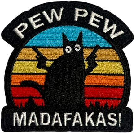 PEW PEW MADAFAKAS Schwarz Katze mit Pistole Aufnäher Moral Patches Klett Stickerei Taktische Klettverschluss Für Kleidung Rucksack Baseballkappe Uniform Weste Hundegeschirr (Regenbogen - Stickerei)