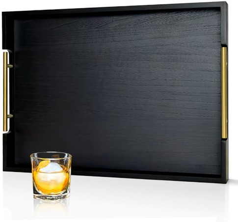 OurMiao 22 Inches Wooden Serving Tray with Handles, Black Ottoman Tray | Large Decorative Wood Tray, Golden Metal Handles, for Living Room, Coffee Table, Ottoman Table, Sofa, Couch, Bed Breakfast