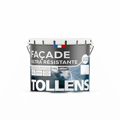 Tollens - Peinture Façade Acrylique Ultra Résistante, Pour Murs Extérieurs, Murets, Abris de Jardin, Mat, Blanc, 10L = 70 m2