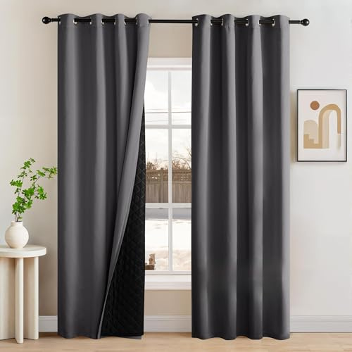 NICETOWN 100% Blackout Curtains 96 Inches Long 2 Panels, Room Darkening Curtains with Black Liner for Bedroom, Thermal Insulated Drapes Privacy Protection, (W52 x L96 Inch, Grey)
