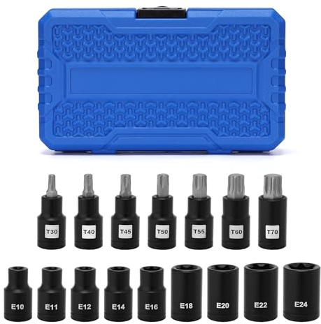 MIXPOWER Juego de 16 llaves de vaso Torx de 1/2 pulgada y enchufe externo hembra, T30-T70, E10-E24, CR-V