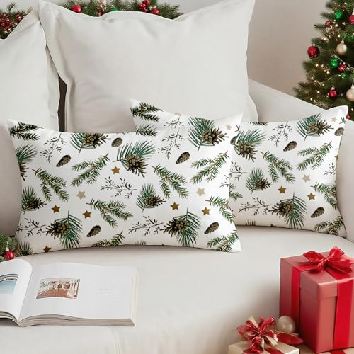 Vorysum Grün Winter Weihnachten Kissenbezug 30x50 cm 2er Set Samt Kiefer Weihnachtsdeko Kissenbezüge Tannenzapfen Dekokissen Kissenhülle für Party Wohnzimmer Büro Hotel