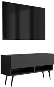 3E 3xE living.com Meuble TV 100 cm Noir Mat, Pieds obliques Noirs, 100 × 32 × 52 cm
