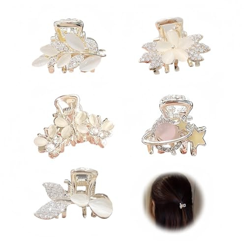 ARYIMYDP Pinzas para el pelo, 5 piezas antideslizantes, de metal pequeñas, mini pinzas, adecuadas para cabello fino y grueso, accesorio para peinados para mujeres y niñas, con diamantes y cristal