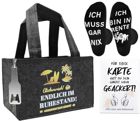 Solivive Ruhestand Geschenk Mann, Männerhandtasche Bier, Hochwertigem Filz Flaschenträger mit Flaschenöffner Socken Grußkarten und Grußkarten für Männer Mann Frauen Freund Kollegen Biertasche
