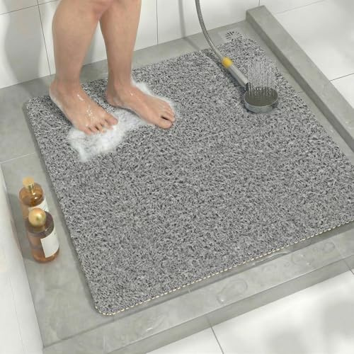 Alfombra de Baño Antideslizante 60x60cm Cuadrado, Alfombrilla de Ducha de PVC con Textura de Luffa, Alfombra Antideslizante para Ducha, Secado Rápido Gris