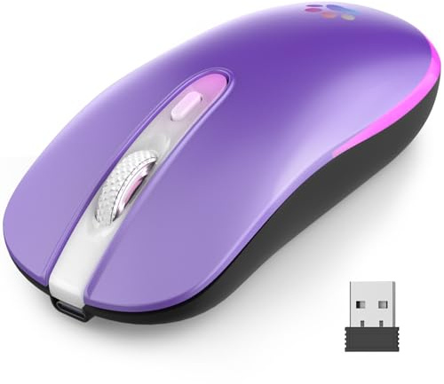 LKV Wireless Mouse, 2.4GHz USB Slim Bluetooth Purple Mouse with Receiver | Rechargeable 7 Color Backlit LED, 1000/1200/1400/1600 DPI Optical Computer Mice, Easy-Switch for Windows/macOS/iPadOS/Android