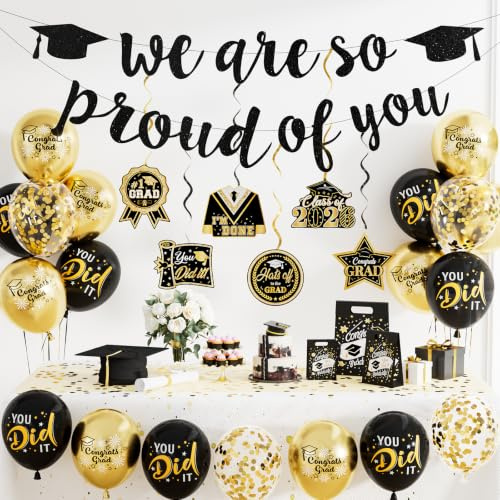 Adeyoo 2026 Graduation Decorations - Graduation Party Decorations with We Are So Proud of You Banner Hanging Swirls, Black and Gold Print Balloons for Graduations Class of 2026 Leavers Party Supplies