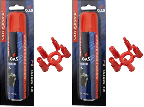 SILVER MATCH Recharge de Gaz 90 ML pour Briquet et Chalumeau de Cuisine, Blister, Gaz Butane Premium Pur, 5 Adaptateurs, Compatible Briquet Classique, Tempête, Chalumeau, Allume-Tout, 40673312