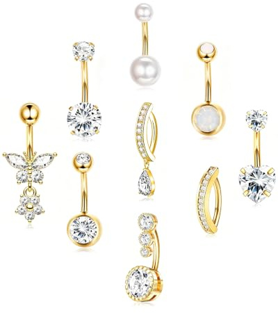 BVLAGIDA 9 Pièces Piercing Nombril Acier Chirurgical Or Femme 10MM Percing Au Nombril Argent 14G Hypoallergénique Pendant Zircon Coeur Papillon Clicker Piercing Nombril Femme