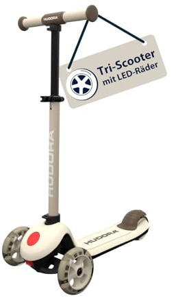 HUDORA Tri‑Scooter mit LED‑Rädern – 3‑Rad Scooter mit höhenverstellbarem Lenker – breitem Hinterrad, ABEC‑7 Kugellager, rutschfestem Deck & Hinterradbremse – Outdoor Tretroller für Kinder