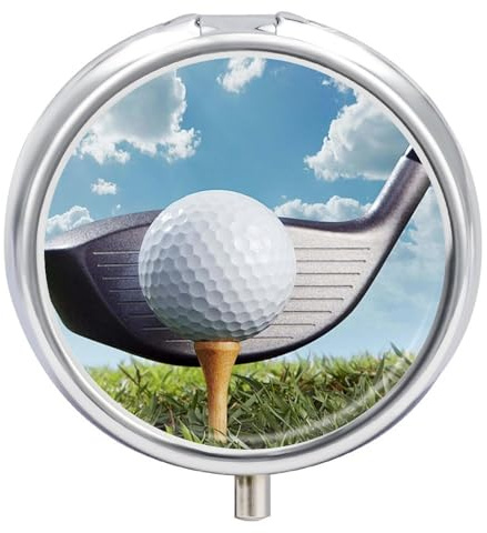Pilulier rond en forme de club de golf, portable à 3 compartiments, exquis pilulier en métal avec fermeture à pression, boîte de rangement pour tablette, sac à main, poche, voyage et usage quotidien