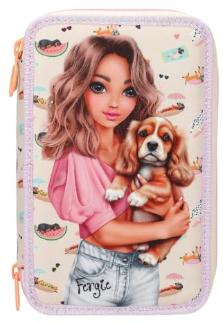 Depesche 14148 TOPModel Sunny Dog - Gefüllte 3-Fach Federtasche in Hellgelb und Lila, Model Motiv mit Hund und lustigem Hunde-Muster, Federmappe mit Buntstiften, Schere, Lineal UVM.